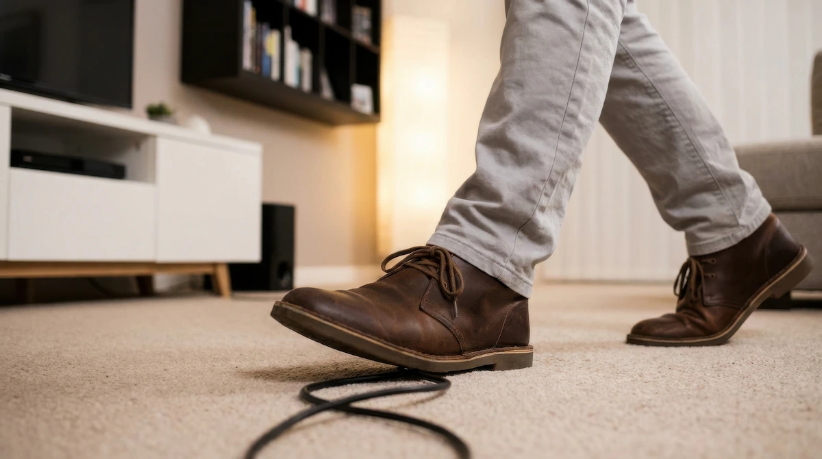 tripping_hazard_low_vision Person stepping on electrical cord on floor of living room
